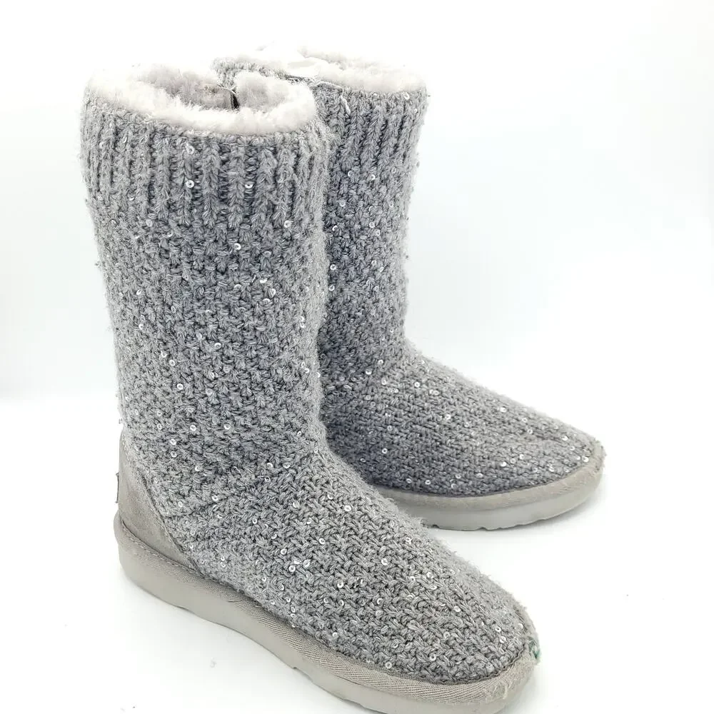 UGG Treadlite Silver Gray Sequin Knit Mid Calf Sweater Boots girls Size 13